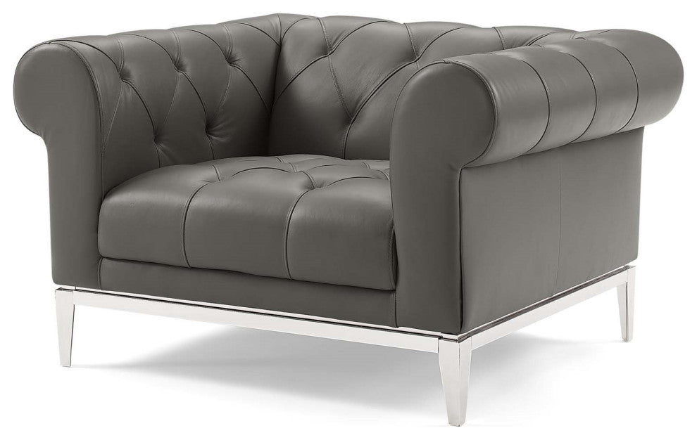 Tufted Armchair and Sofa Set, Leather, Gray, Modern, Lounge Hospitality