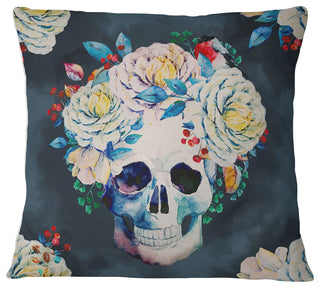 Watercolor Vector Skull Floral Throw Pillow, 18"x18"
