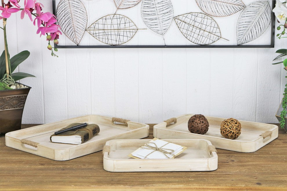 Natural Wood Trays, White Washed, Rope Covered Handles, 3-Piece Set