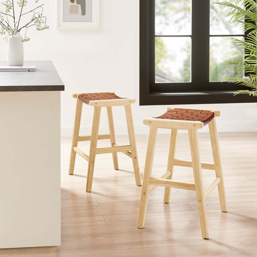 Saoirse Faux Leather Wood Counter Stool - Set of 2 - Natural Brown