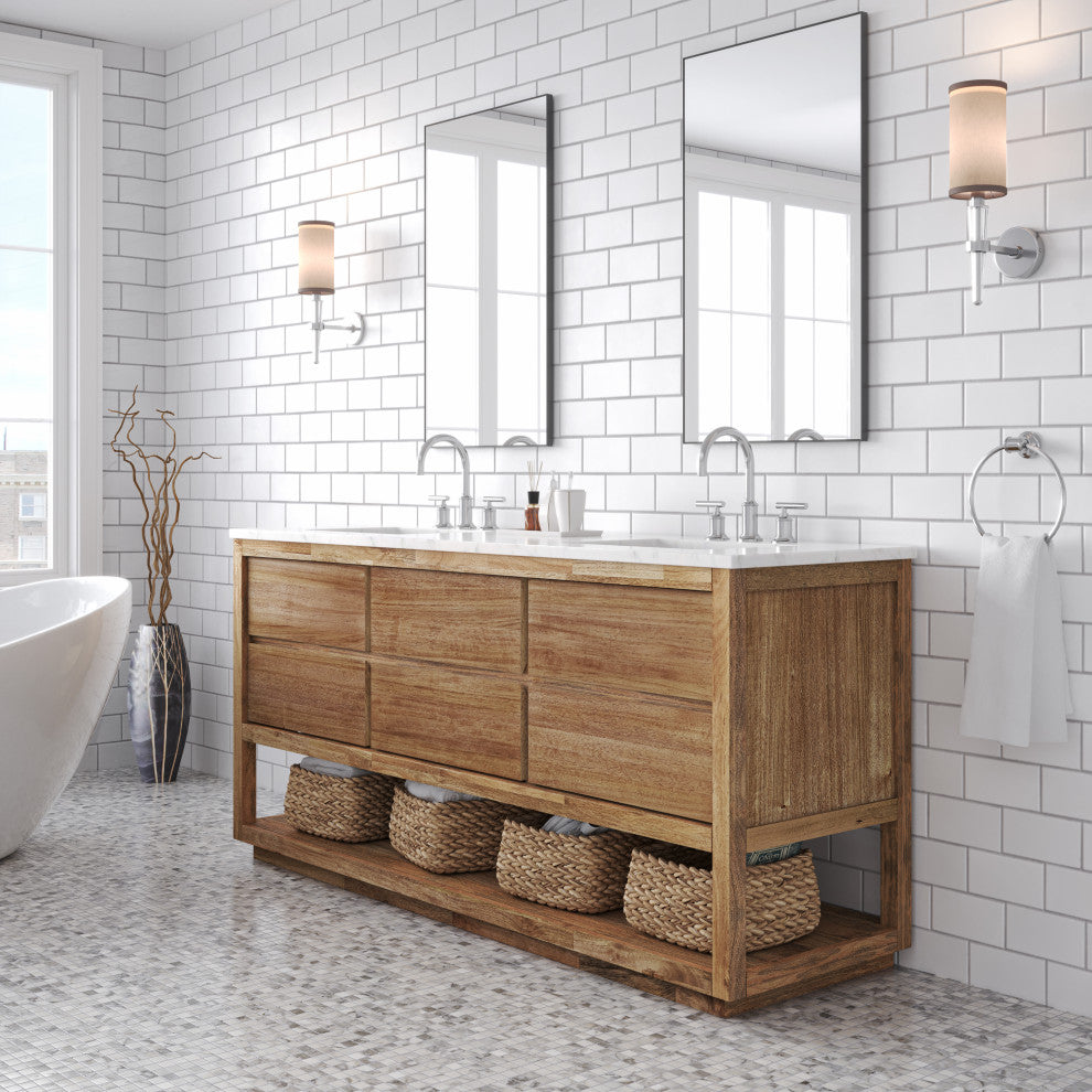 Oakman Marble Top Vanity in Mango Wood with Faucet, 72, Vanity With Chrome Faucet