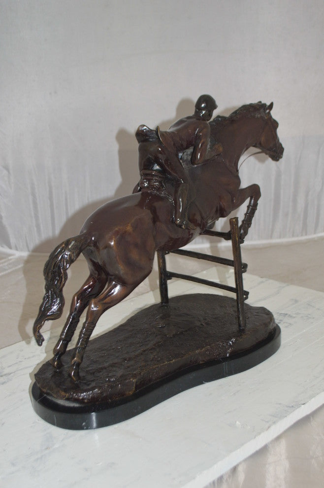 Jockey With Horse Jumping Over Hurdle Bronze Statue Medium  23"L x 10"W x 16"H