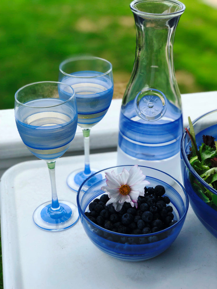 Retro Stripe Blue Wine Glasses, Set of 2