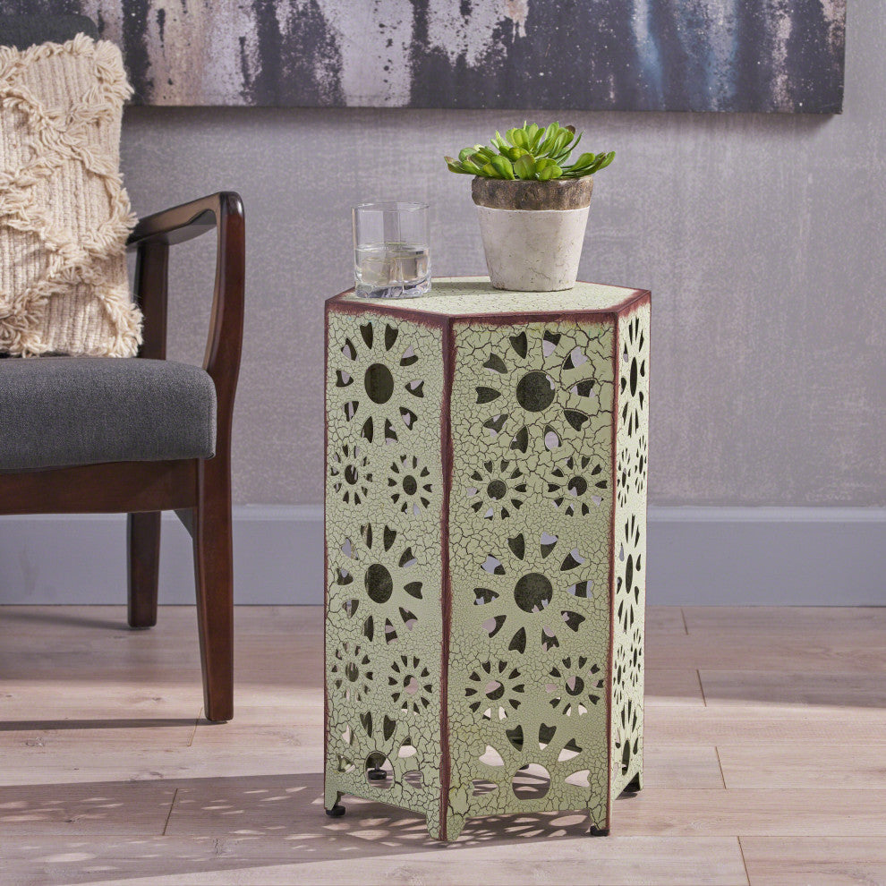 GDF Studio Wembaum Indoor 14 Inch Crackle Finish Sunburst Iron Side Table, Crackle Green