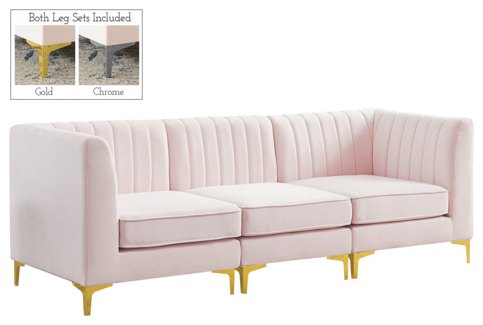 Alina Velvet Upholstered 3-Piece Modular Sectional, Pink