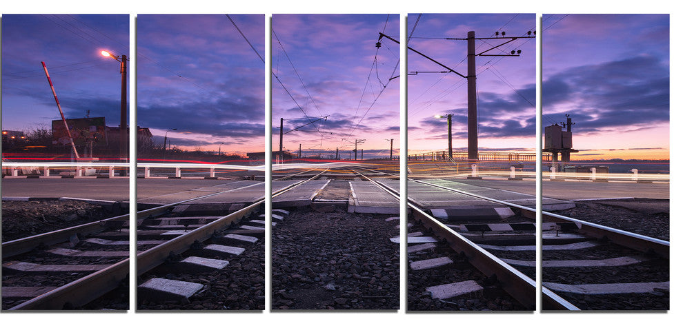 "Rail Crossing With Blurred Car Lights" Cityscape Photo Art, 5 Panels, 60"x28"