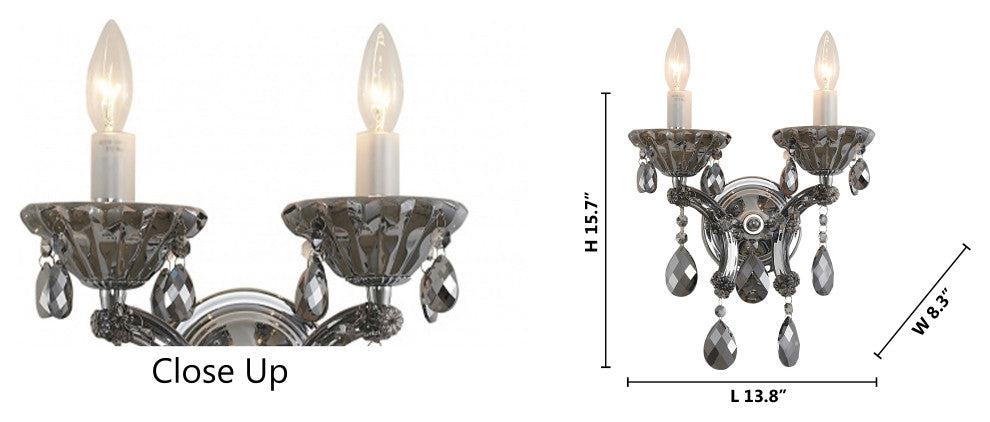 13.8" Chrome Metal Wall Sconce With Clear Crystals, Smoke Crystal
