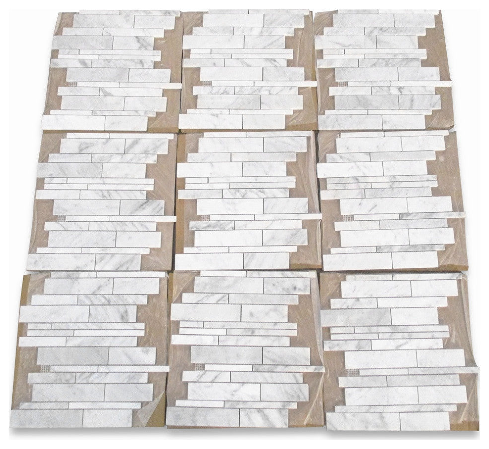 Carrara White Marble Random Strip Modern Brick Mosaic Tile Honed, 1 sheet