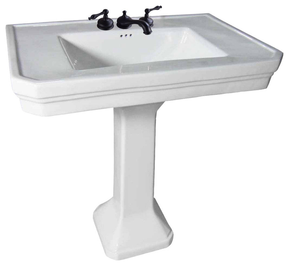 White Large Vitreous Victorian Pedestal Sink with Widespread Black Belle Faucet