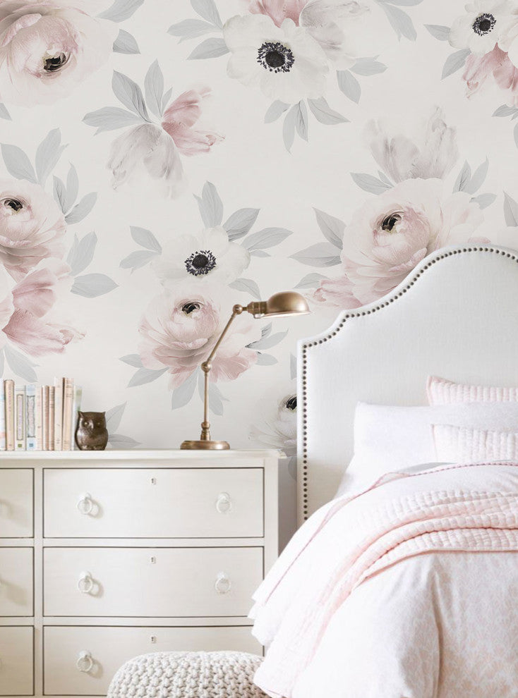 Floral Mural Wall Art Peel and Stick Vinyl Wallpaper, Romantic Pink Grey, 24"w X 96"h