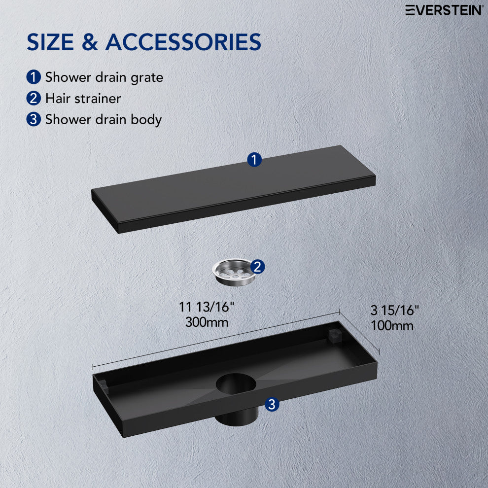 Linear Shower Drain with Hair Strainer and Reversible Tile Insert Cover, Matte Black