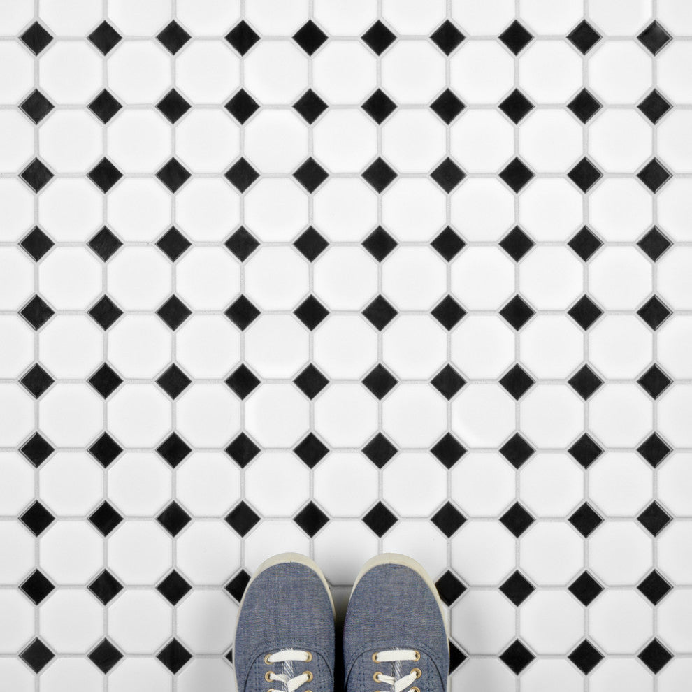 Metro Octagon Matte White w/ Black Dot Porcelain Floor and Wall Tile