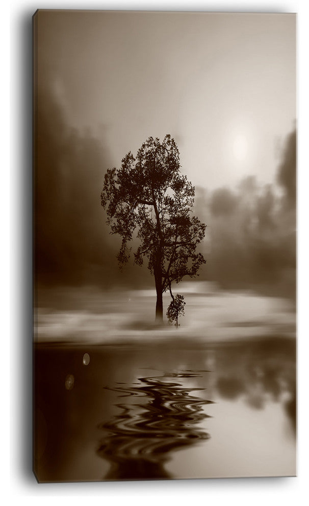 "Alone Tree On Island in Sepia" Wall Art Landscape, 20"x40"