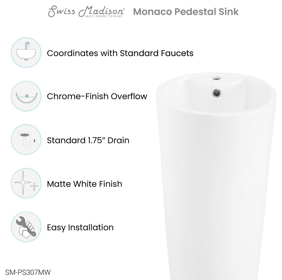 Monaco Circular Basin Pedestal Sink, Matte White