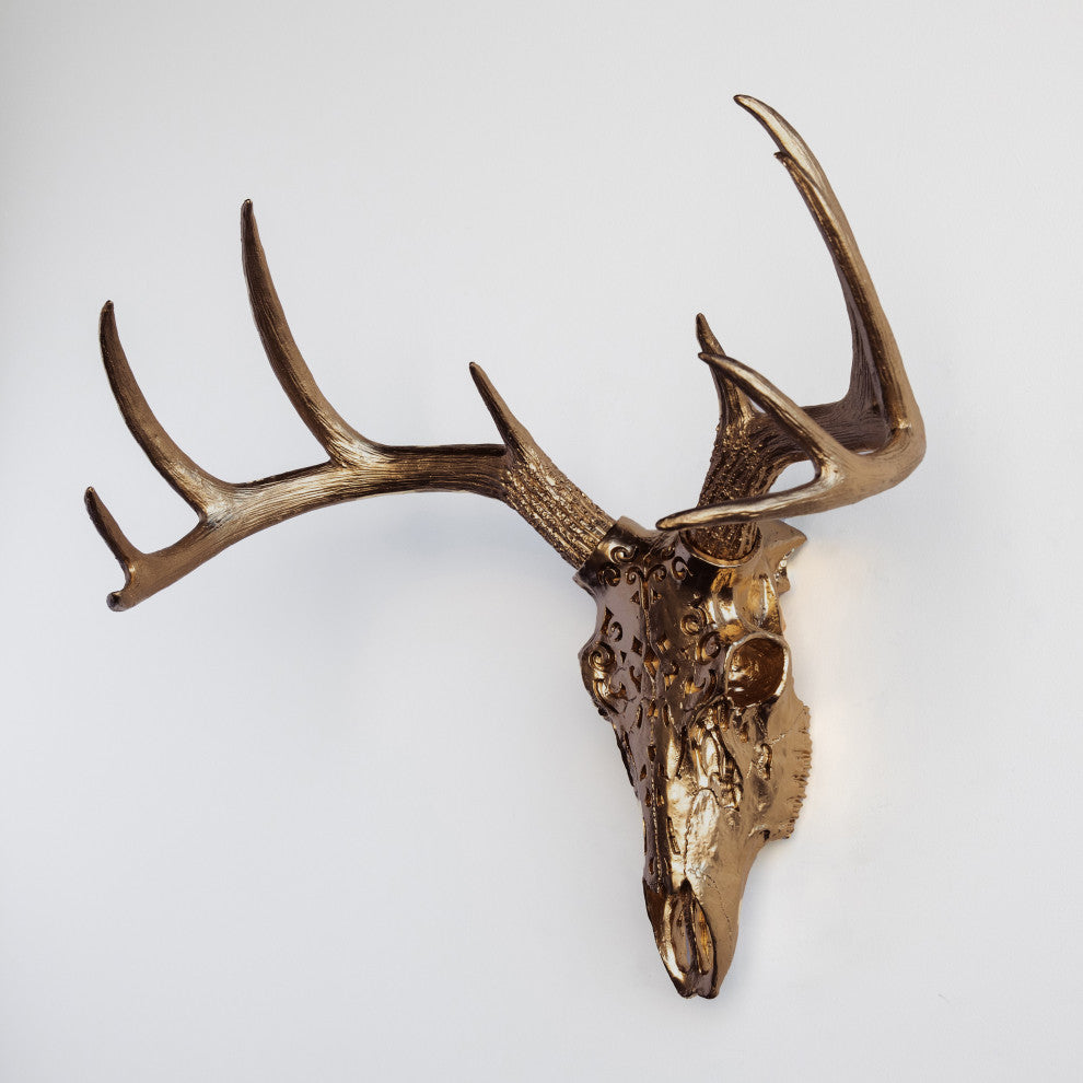 Faux Deer Skull Native American Carving Wall Decor, Bronze