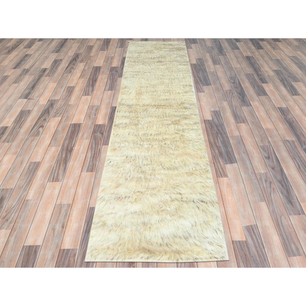 Beige Undyed Natural Wool Hand Knotted Shaggy Moroccan Runner Rug, 2'6"x10'0"