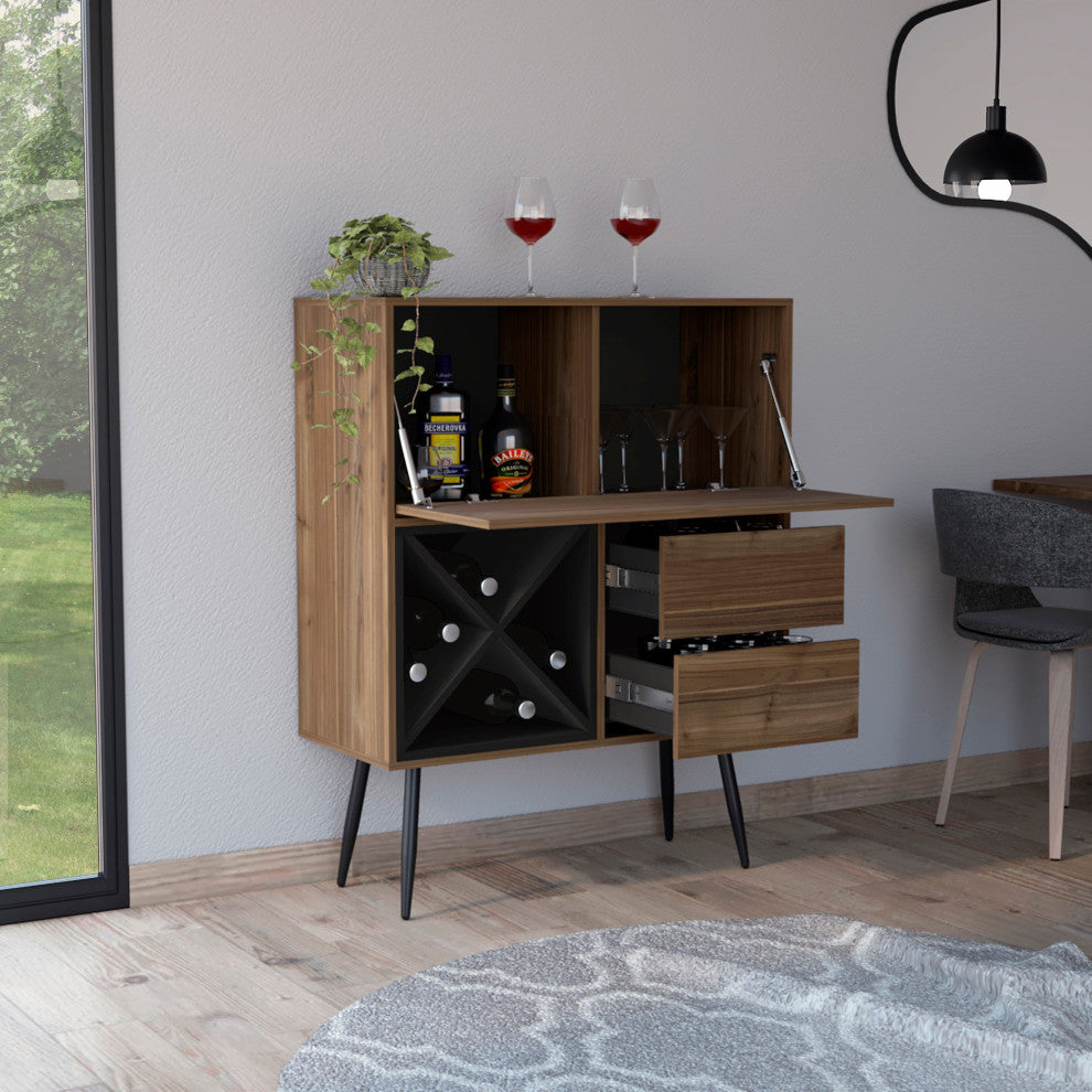 Orchid Bar Cabinet with 2 Drawers and 4 Wine Cubbies, Mahogany/Black