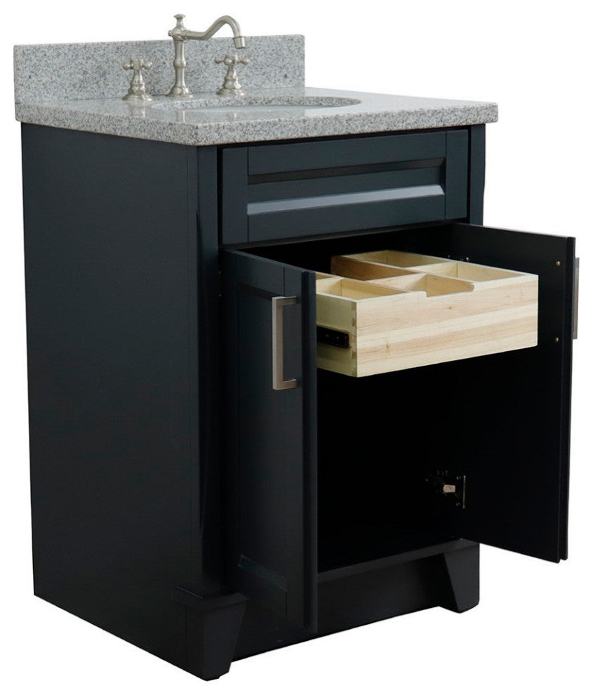 25" Single Sink Vanity, Dark Gray Finish With Gray Granite And Oval Sink