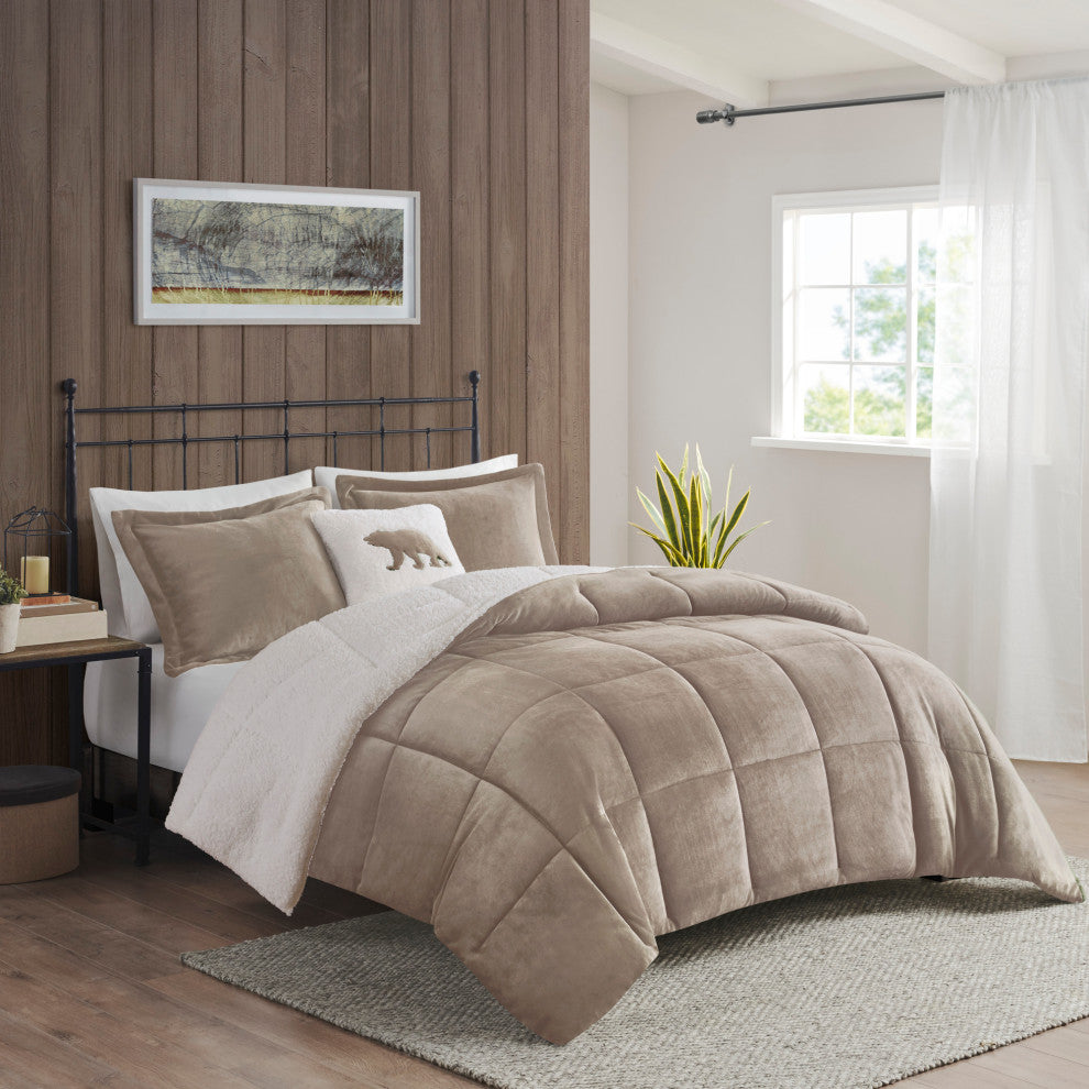 Woolrich Alton Plush to Sherpa Winter Comforter Set, Taupe, King