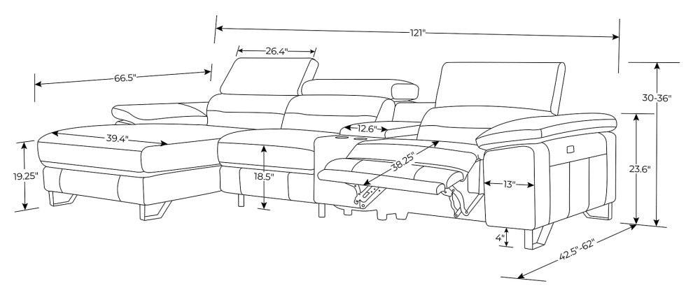 Monaco Black Reclining Leather Sectional with Console, Left Chaise