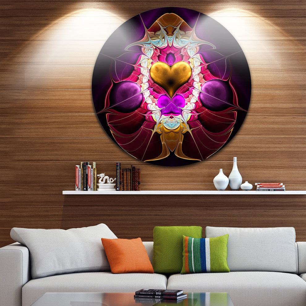 Pink Symmetrical Fractal Heart, Abstract Disc Metal Artwork, 23"