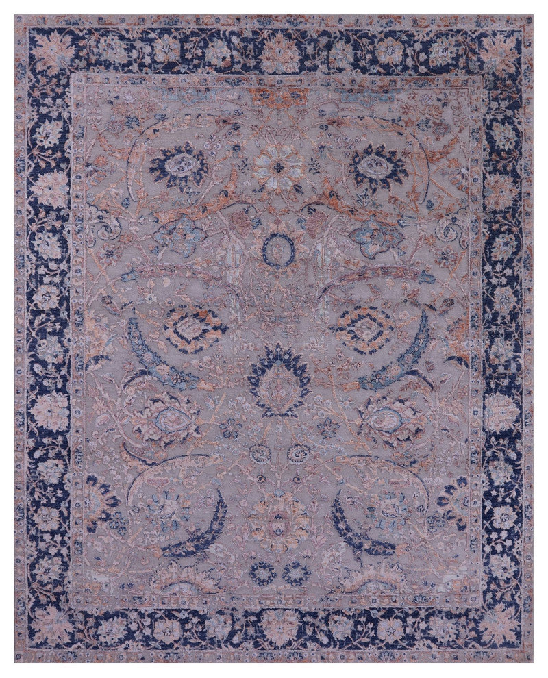 8' 0" X 10' 1" Persian Sickle Leaf Design Hand Knotted Wool and Silk Rug Q7095