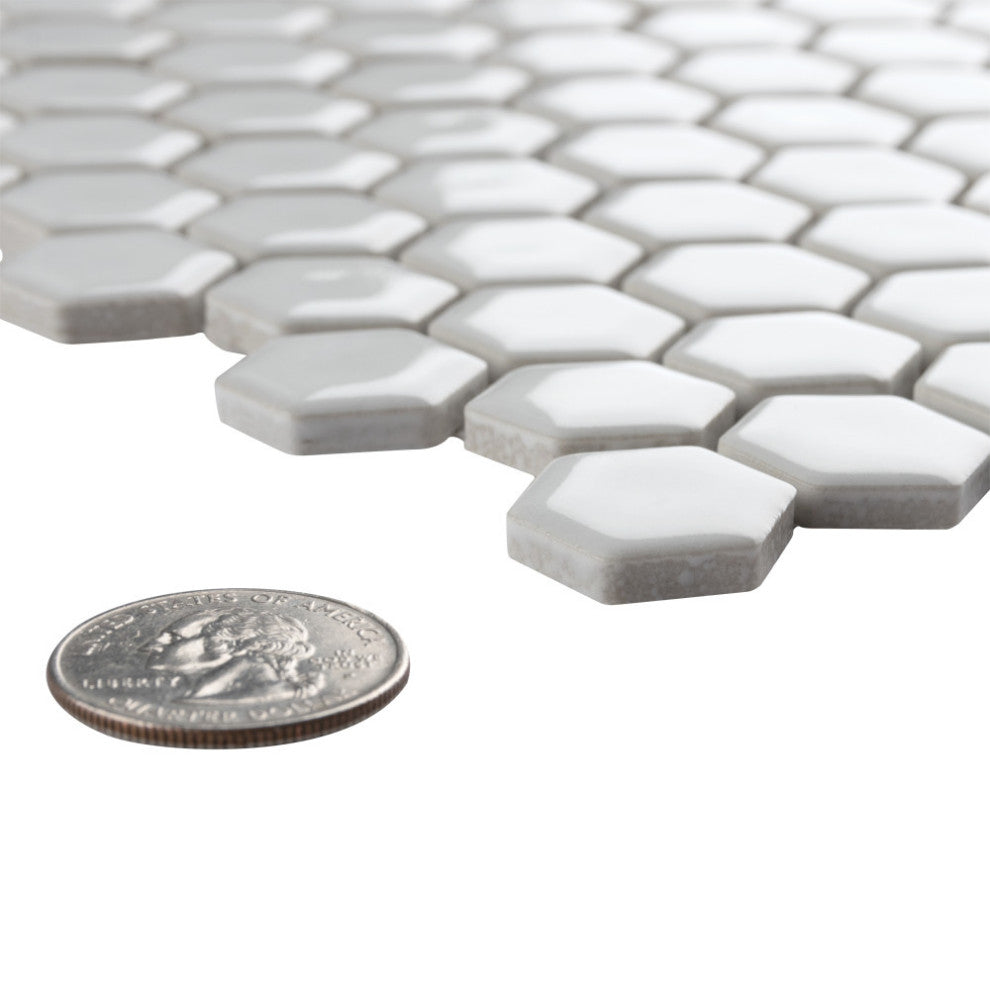 Colmena Hex Porcelain Floor and Wall Mosaic Tile, Glossy White