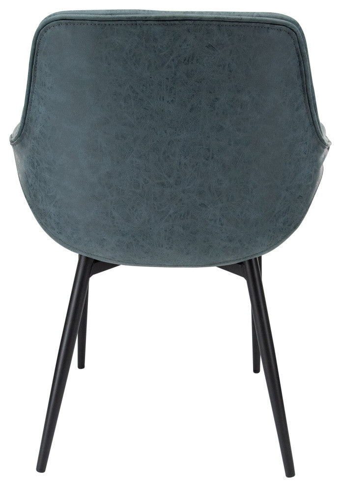 LeisureMod Markley Leather Dining Armchair Metal Legs Set of 2, Peacock Blue