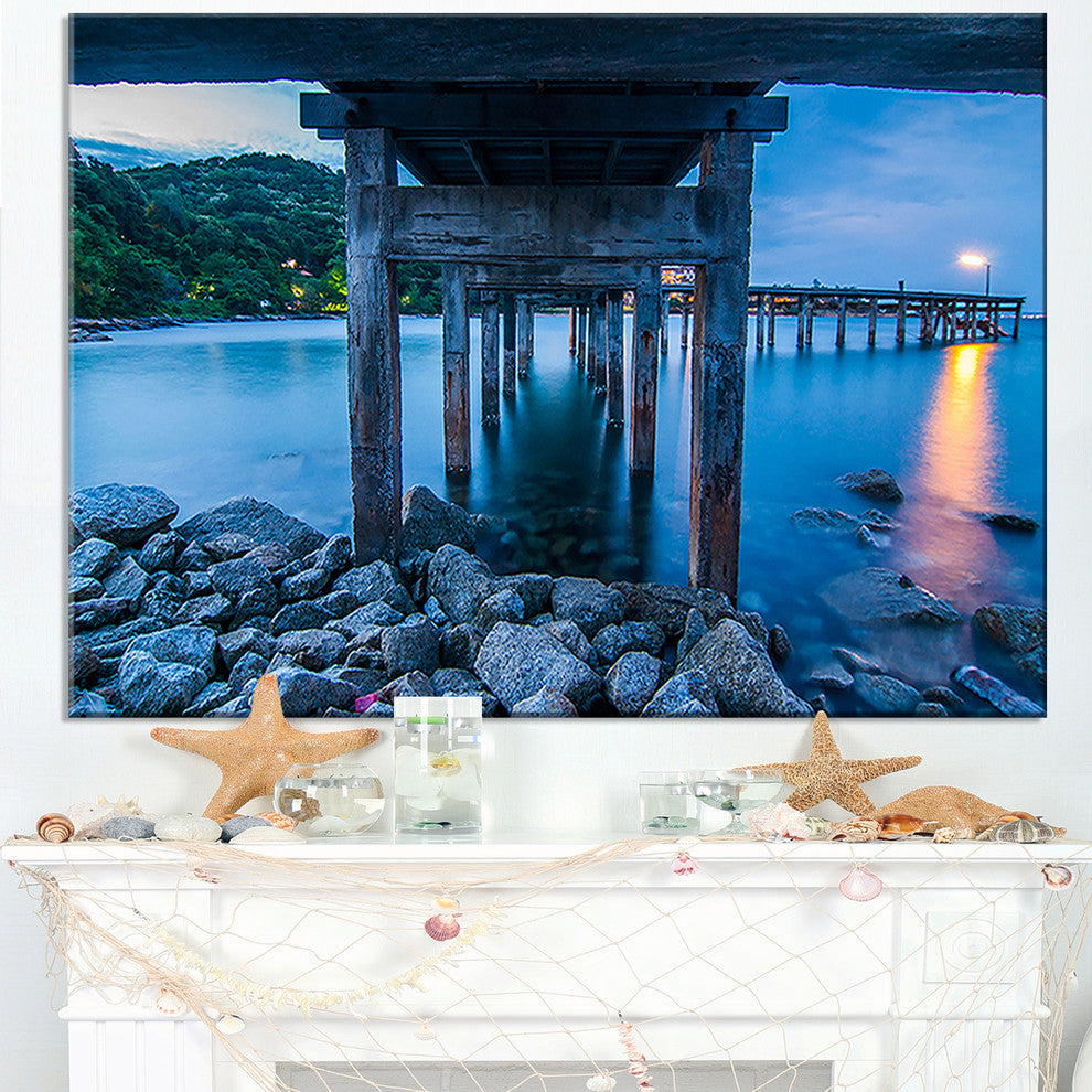 "Under Wood Bridge At Twilight" Sea Bridge Canvas Wall Artwork, 40"x30"
