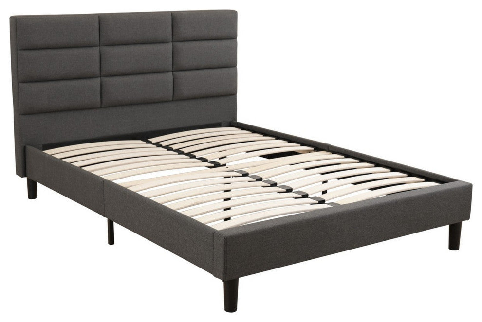 Benzara Rin Queen Size Platform Bed, Charcoal Gray Upholstery, Headboard