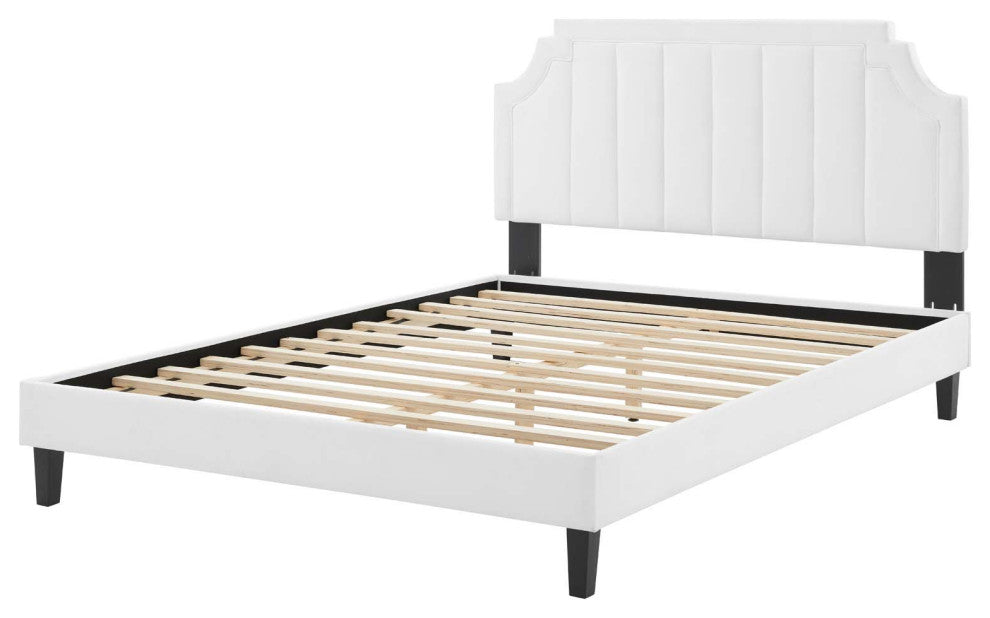 Platform Bed Frame, King Size, Velvet, White, Modern Contemporary, Bedroom