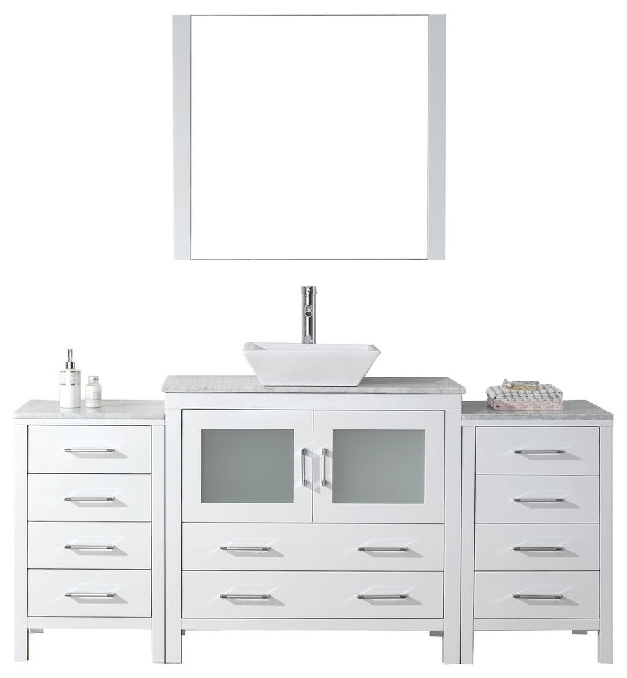 Dior 66" Single Bathroom Vanity, White With Marble Top, Square Sink