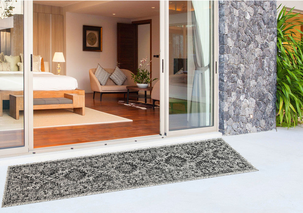 Carmel Vintage Floral Indoor/Outdoor Rug, Black, 1'11"x7'6" Runner