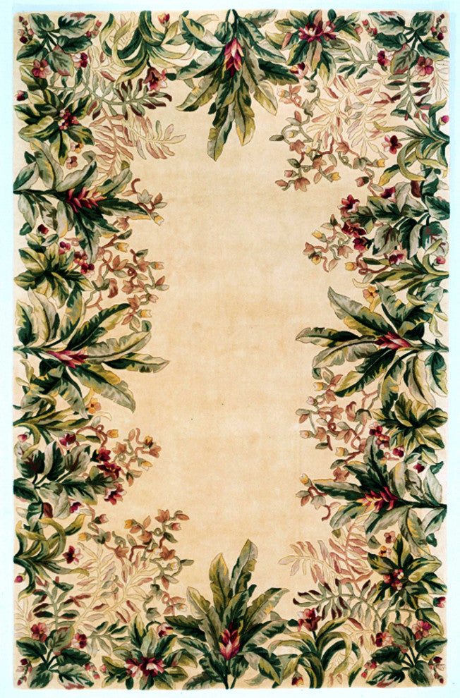 HomeRoots 3' x 6' Ivory Tropical Leaves Bordered Wool Indoor Area Rug