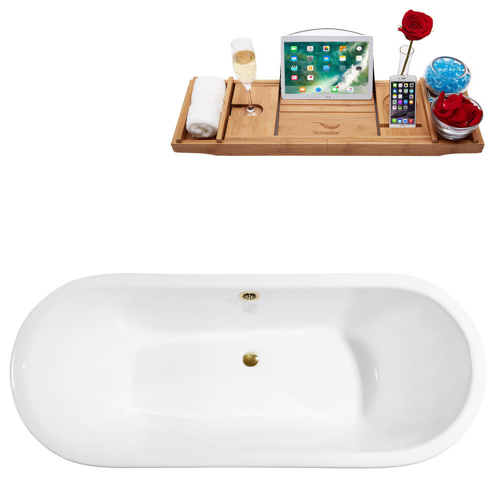 67" Cast Iron R5060CH-GLD Soaking Clawfoot Tub and Tray With External Drain