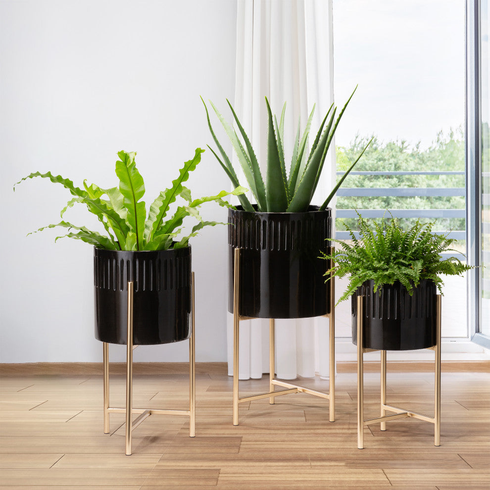 Set of 3 Modern Glossy Metal Plant Stands, KD, Black / Gold