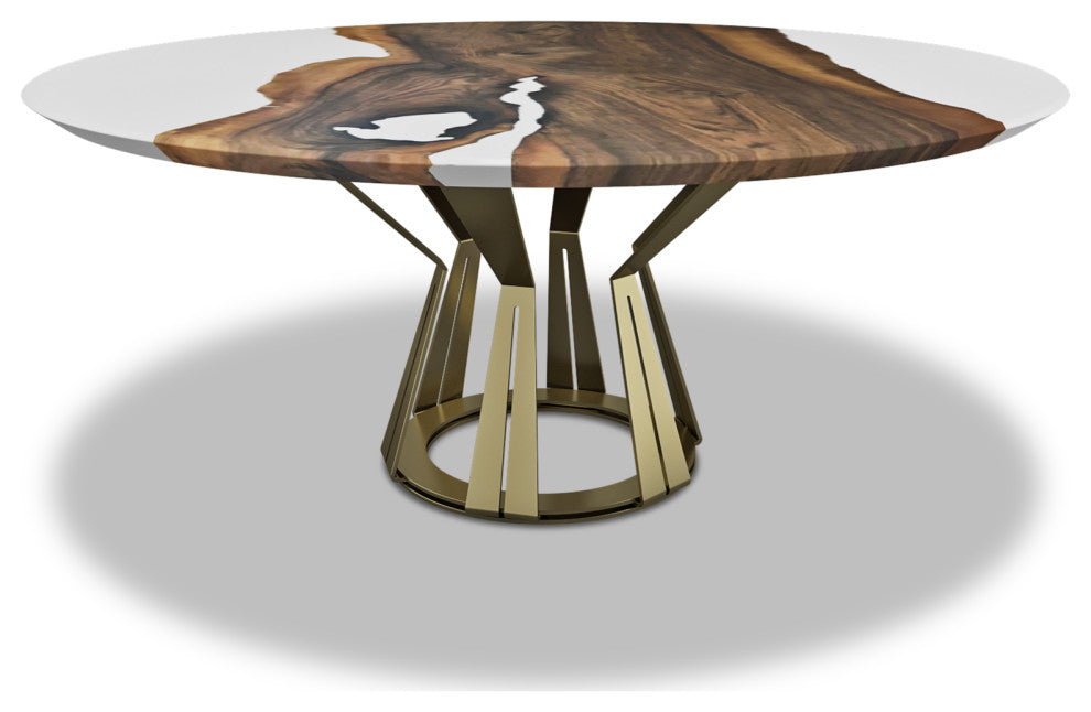 Atalante Walnut Round Table, White Top & Bronze Base, 6 Seater