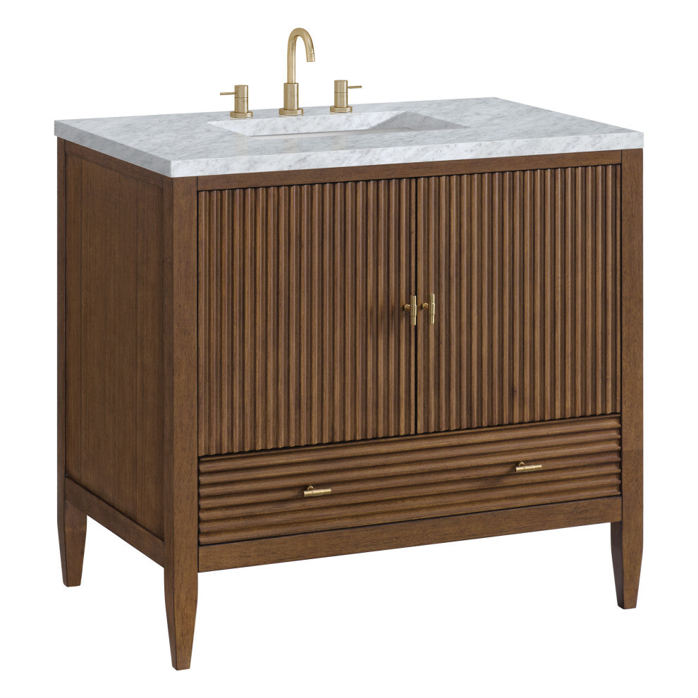 Myrrin 36" Vanity, Mid Century Walnut, 3 CM Carrara White Marble Top