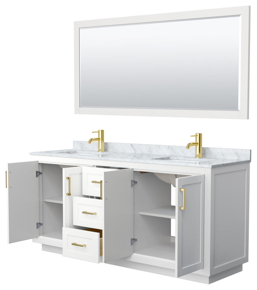 72"DBL Bath Vanity White, Carrara Countertop, Sinks, Gold Trim, 70" Mirror
