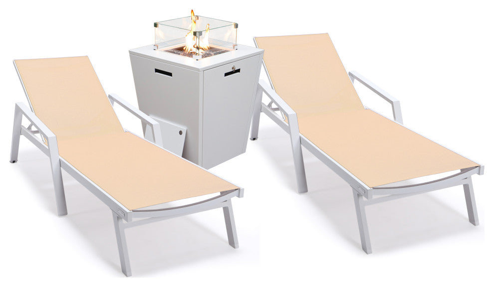 LeisureMod Marlin Chaise Lounge Set With Arms and Fire Pit Table, Light Brown