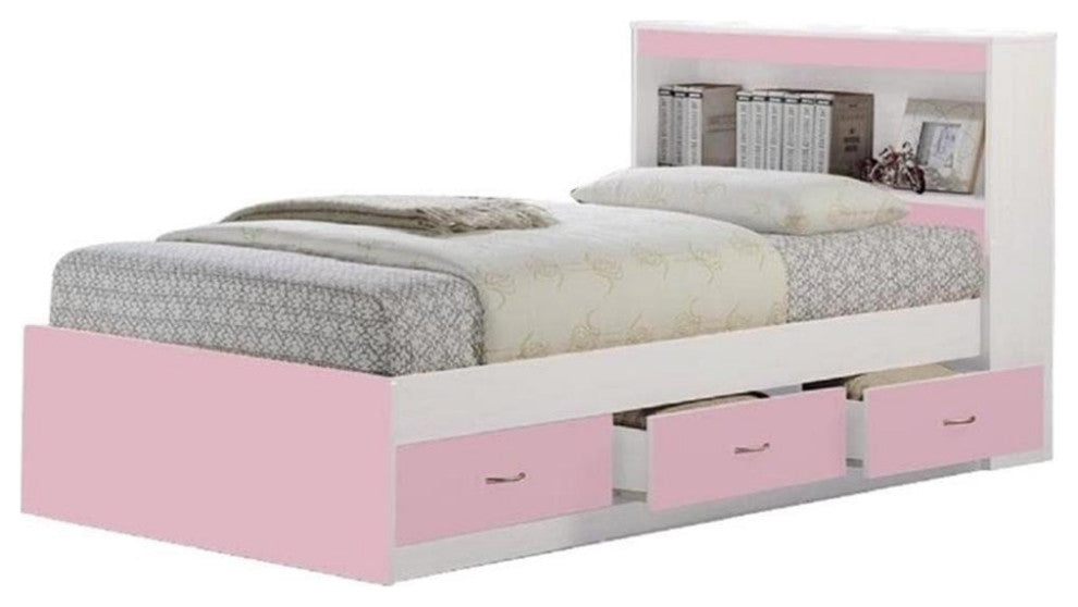 Pemberly Row Contemporary Wood Twin Captain Storage Bed with 3 Drawers in Pink