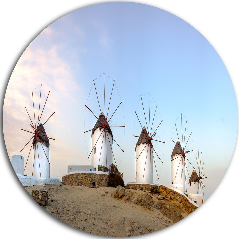 Traditional Greek Windmills Panorama, Landscape Disc Metal Artwork, 11"