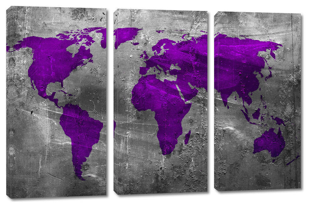 Munsell Purple World Map Canvas Print 3 Panel Split Triptych Wall Art