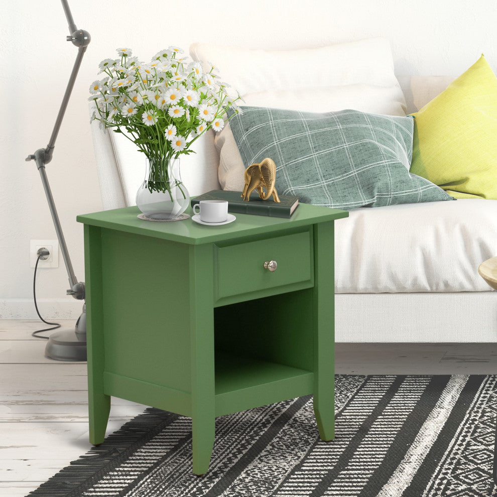 Mid Century Night Stand For Bedroom, 1 Wooden Drawer, Clover Green Finish