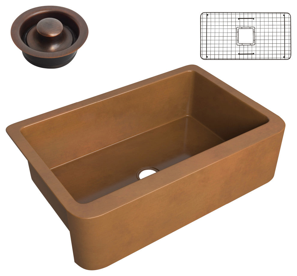 ANZZI Cyprus Farmhouse 33" Single Kitchen Sink, Polished Antique Copper
