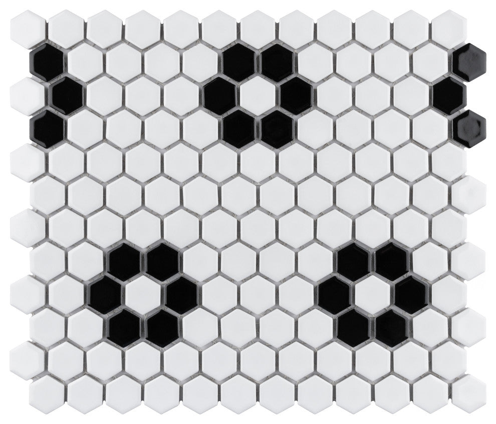 Metro 1" Hex Porcelain Mosaic Floor and Wall Tile, Glossy White With Heavy Flower