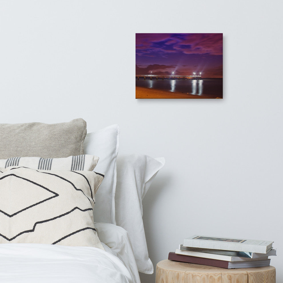 The Pier at Woodland Beach Night Photography Canvas Wall Art Print, 12" X 16"