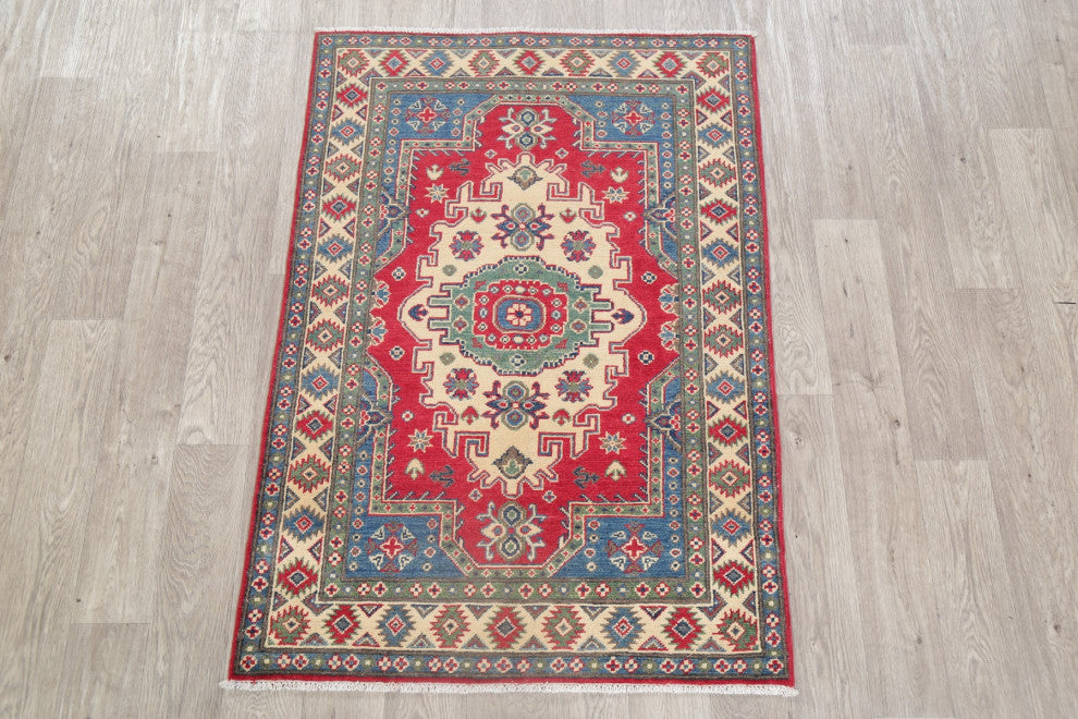 Kazak Oriental Traditional Carpet Pakistani Bordered Area Rug, Beige, 4'8"x3'4
