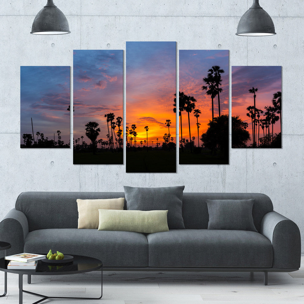 Sugar Palm Tree Silhouette, Landscape Canvas Art Print, 60"x32", 5 Panels