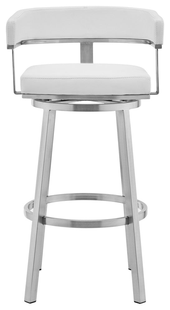 Cohen Swivel Bar Stool, Faux Leather, Brushed Stainless Steel and White, 30"